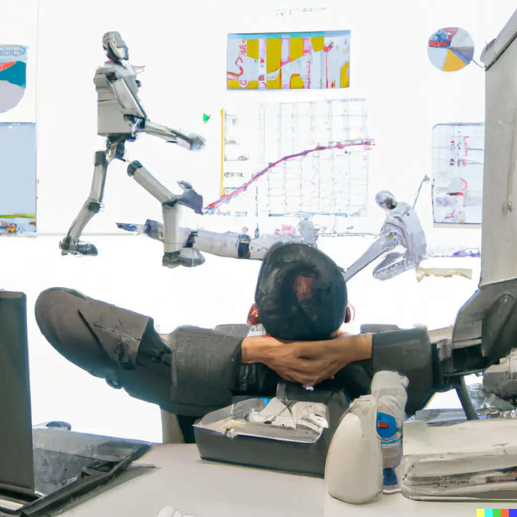 Business man reclining on an office chart, around him robots and computers are doing all his tasks for him