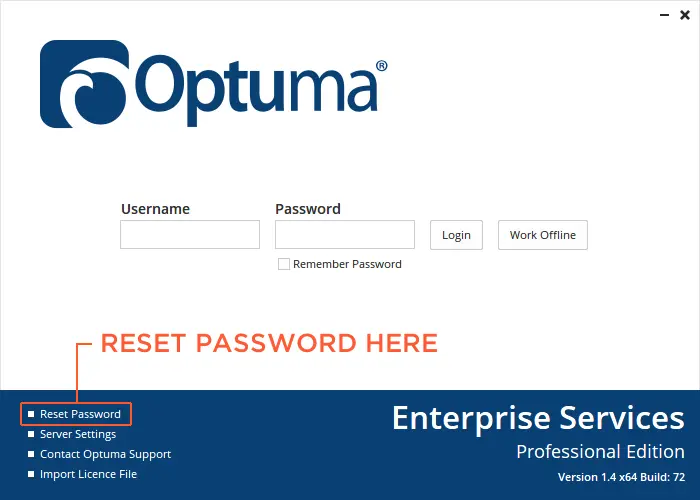 Optuma splash screen showing where to reset a forgotten password.