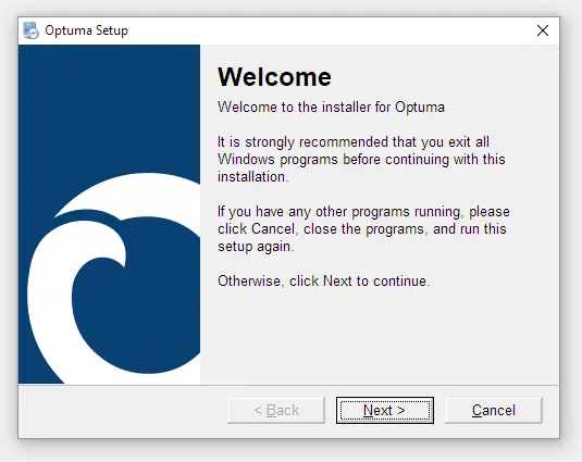 Optuma installer welcome window with the Next button highlighted.