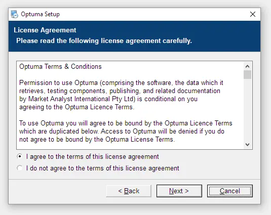Optuma installer showing the Terms & Conditions agreement step.