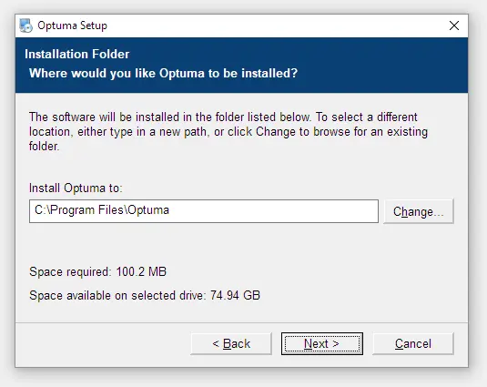Optuma installer selecting the installation file location.
