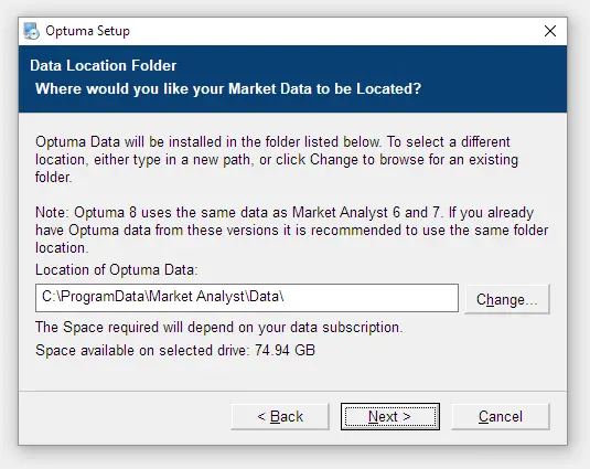 Optuma installer choosing the data save location.
