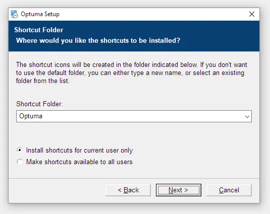 Optuma installer selecting the shortcut folder and account availability.