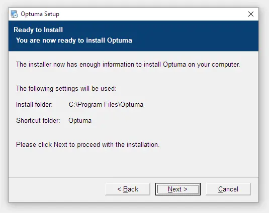 Optuma installer confirming the final installation details.