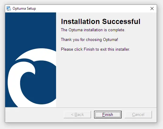 Optuma installer finishing the installation with the Finish button.