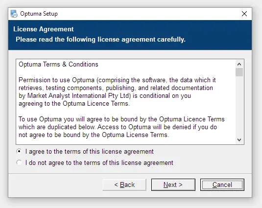 The 3rd step to install Optuma - agreeing to terms and conditions