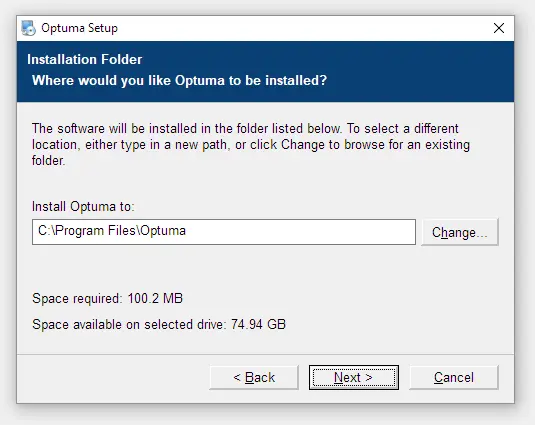 step 4 of installing optuma - selecting file location