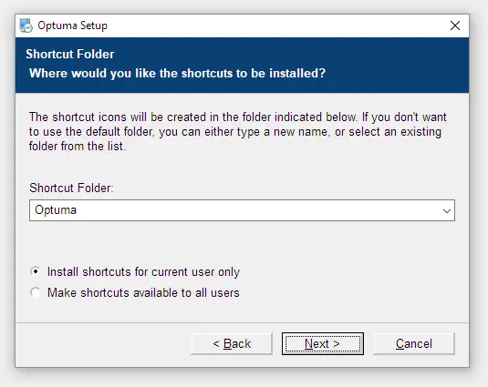 Step 6 of Optuma installation - saving shortcut folder
