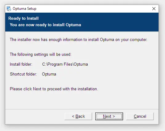 step 7 of installing Optuma - beginning install process